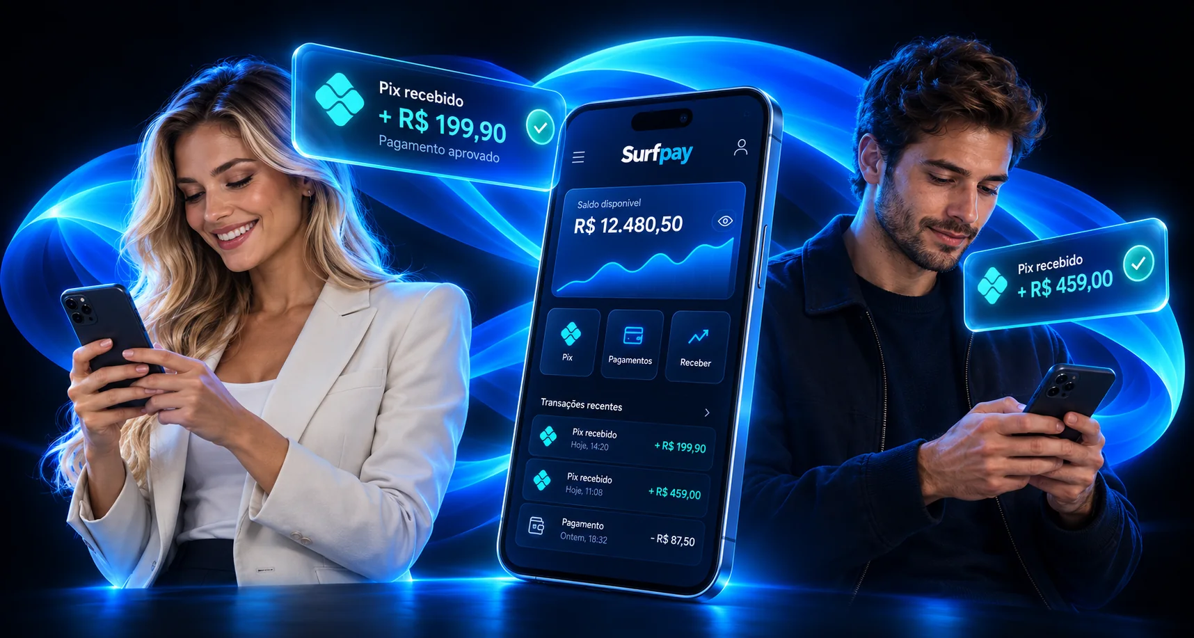 Ilustração da Surfpay com empreendedores usando o celular e notificações de Pix recebido